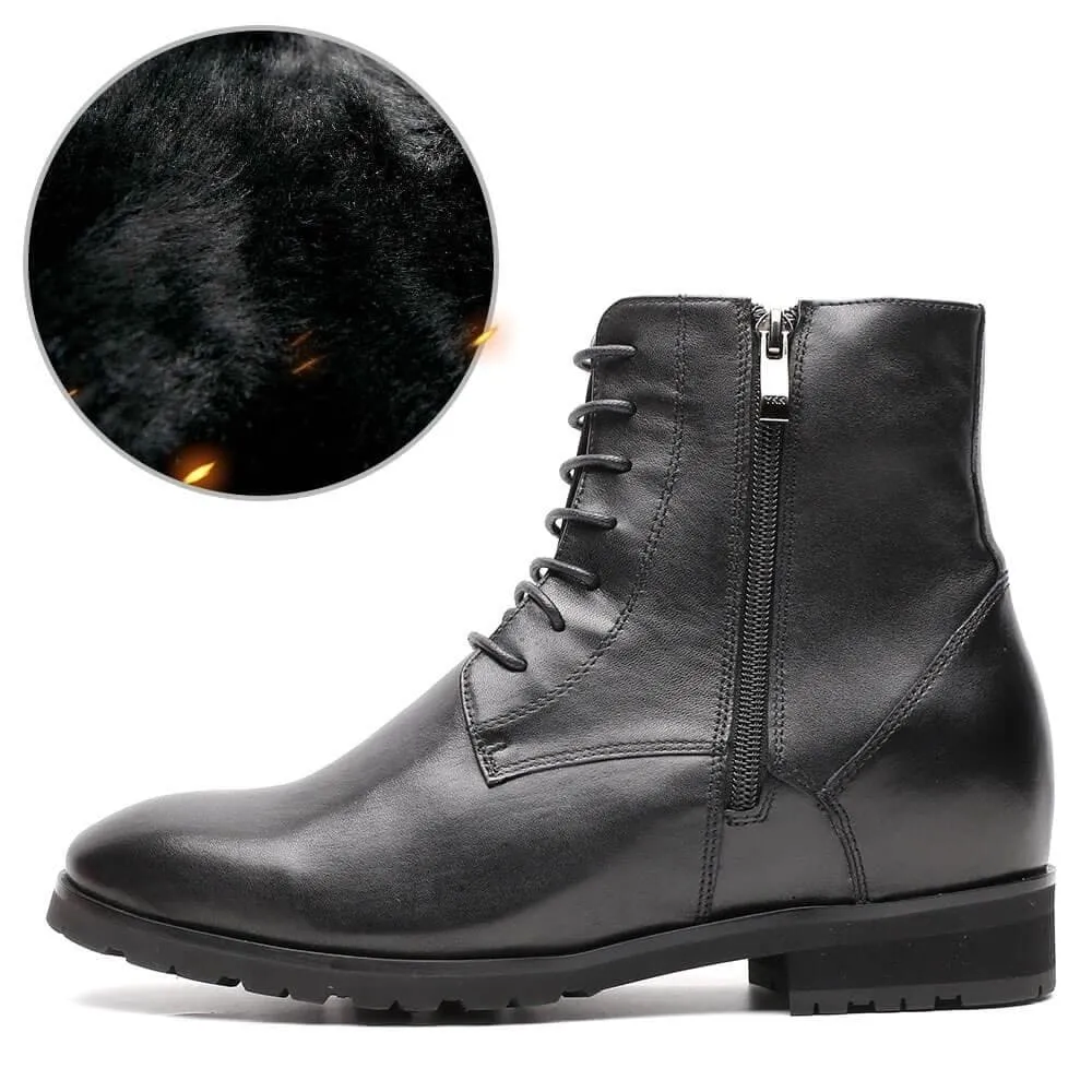 7 CM / 2.76 Inches - CMR CHAMARIPA Height Increasing Boots Black Leather Elevator Boots Warm Fur Lined Winter Boots