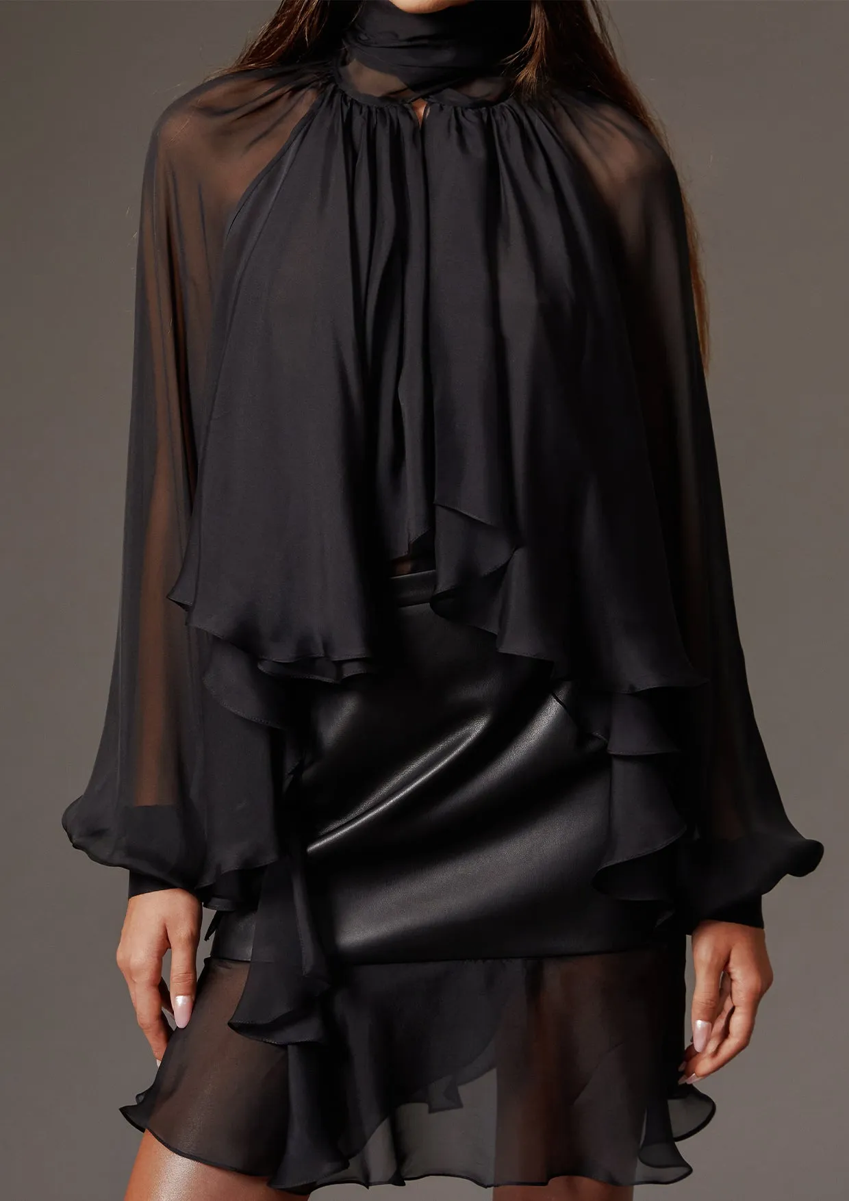 Balloon-Sleeve Silk Chiffon Blouse