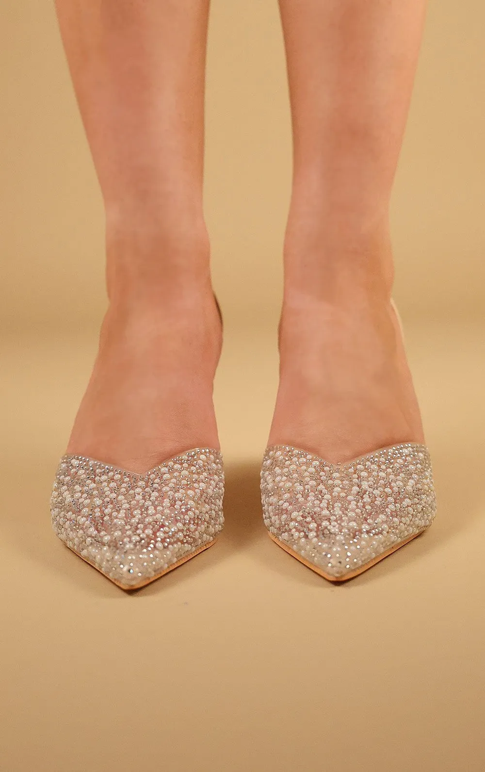 Beige Pearl/Diamante Clear Slingback Heel Court Shoe