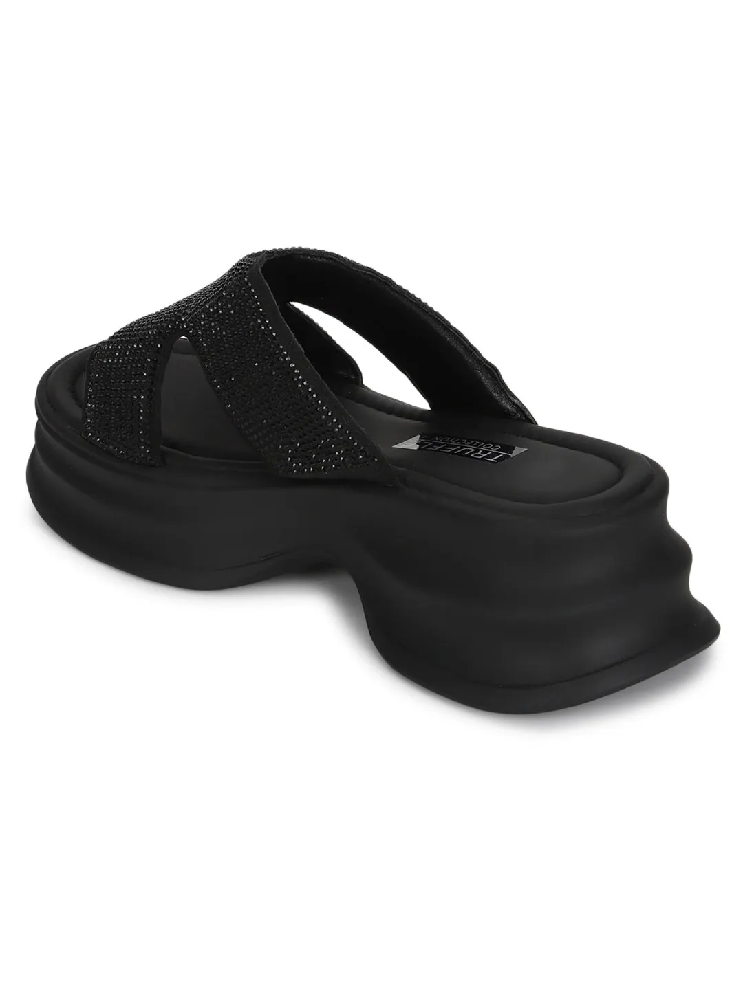 Black PU Diamonte Stylish Slip-On Flats (TC-RS3638-BLK)