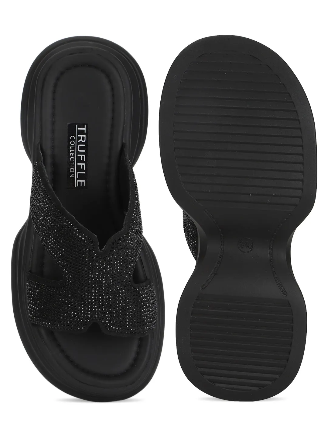 Black PU Diamonte Stylish Slip-On Flats (TC-RS3638-BLK)