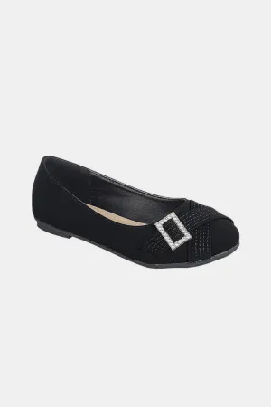 Black Vegan Leather Rhinestone Buckle Ballet Flats