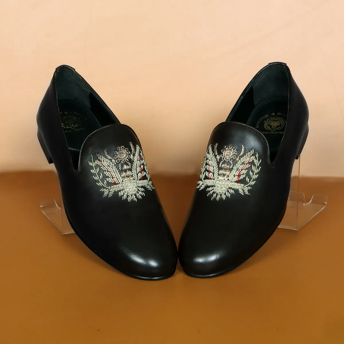 Crown Eagle Zardosi Slip-On Shoes in Black Leather By Brune & Bareskin