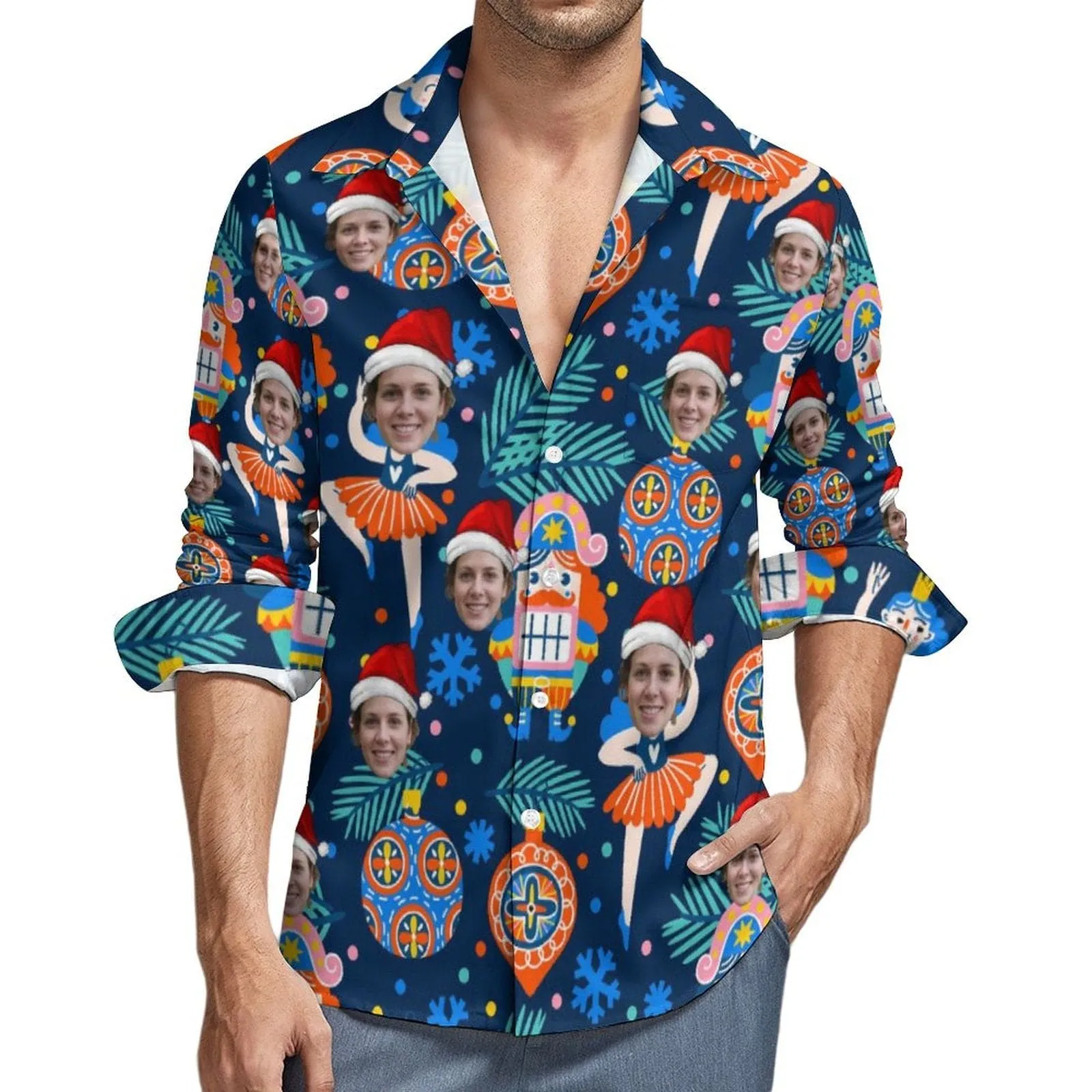 Custom Face Coniferous Christmas Print Hawaiian Shirts Men's Long Sleeve Shirt Personalized Face Shirt Gift for Him