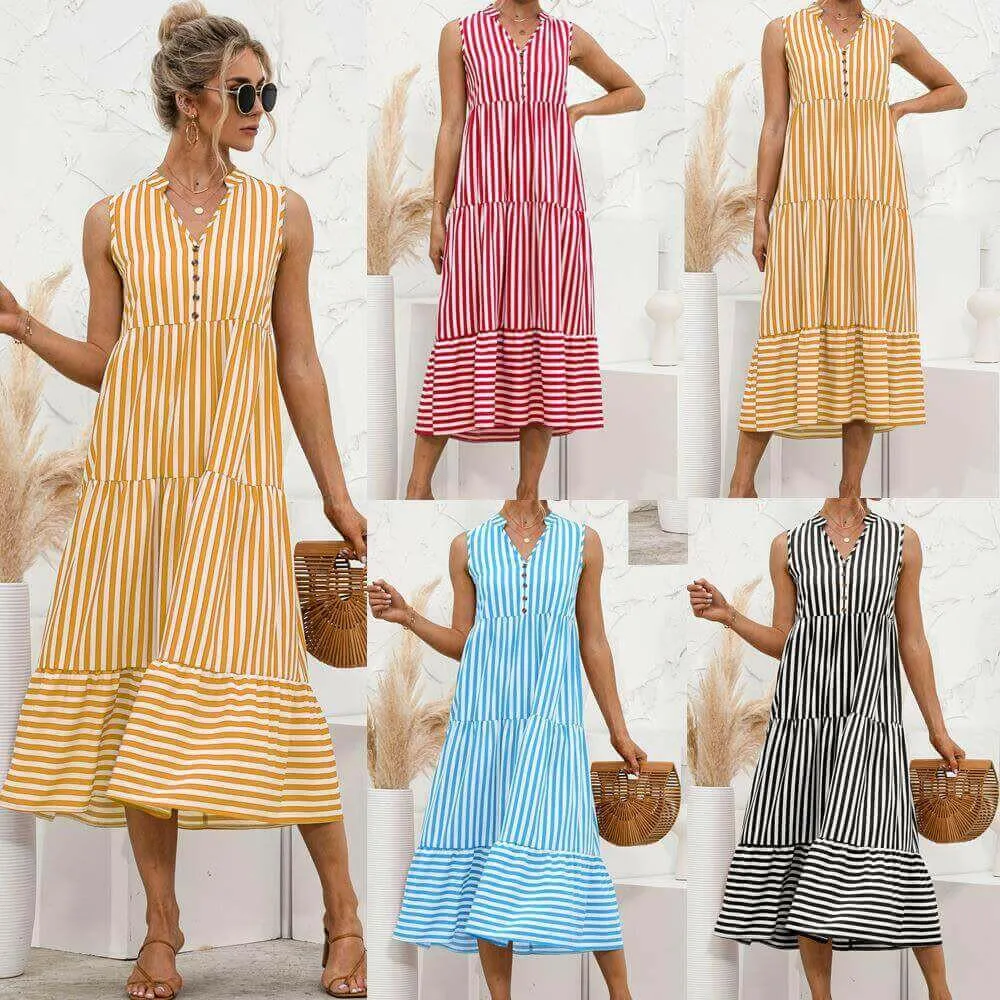 Fashion Casual Striped Patchwork Big Swing Midi Dresses