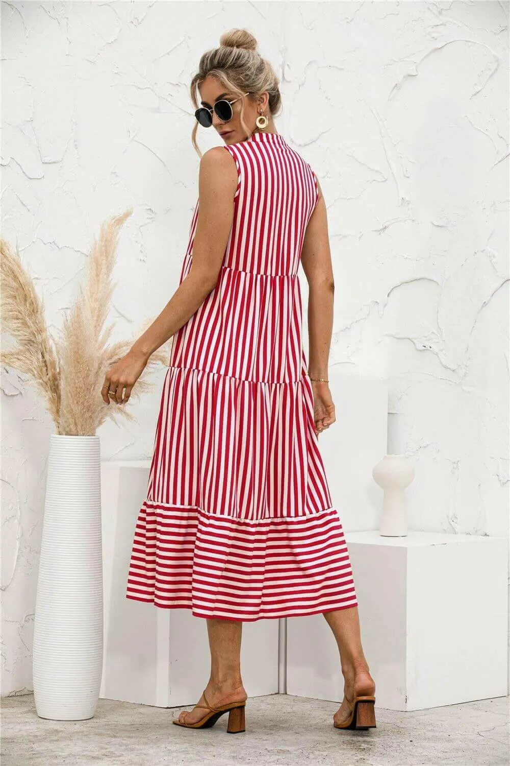 Fashion Casual Striped Patchwork Big Swing Midi Dresses