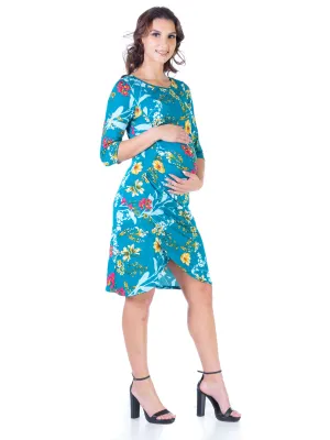 Floral Maternity Elbow Sleeve Ruched Knee Length Dress