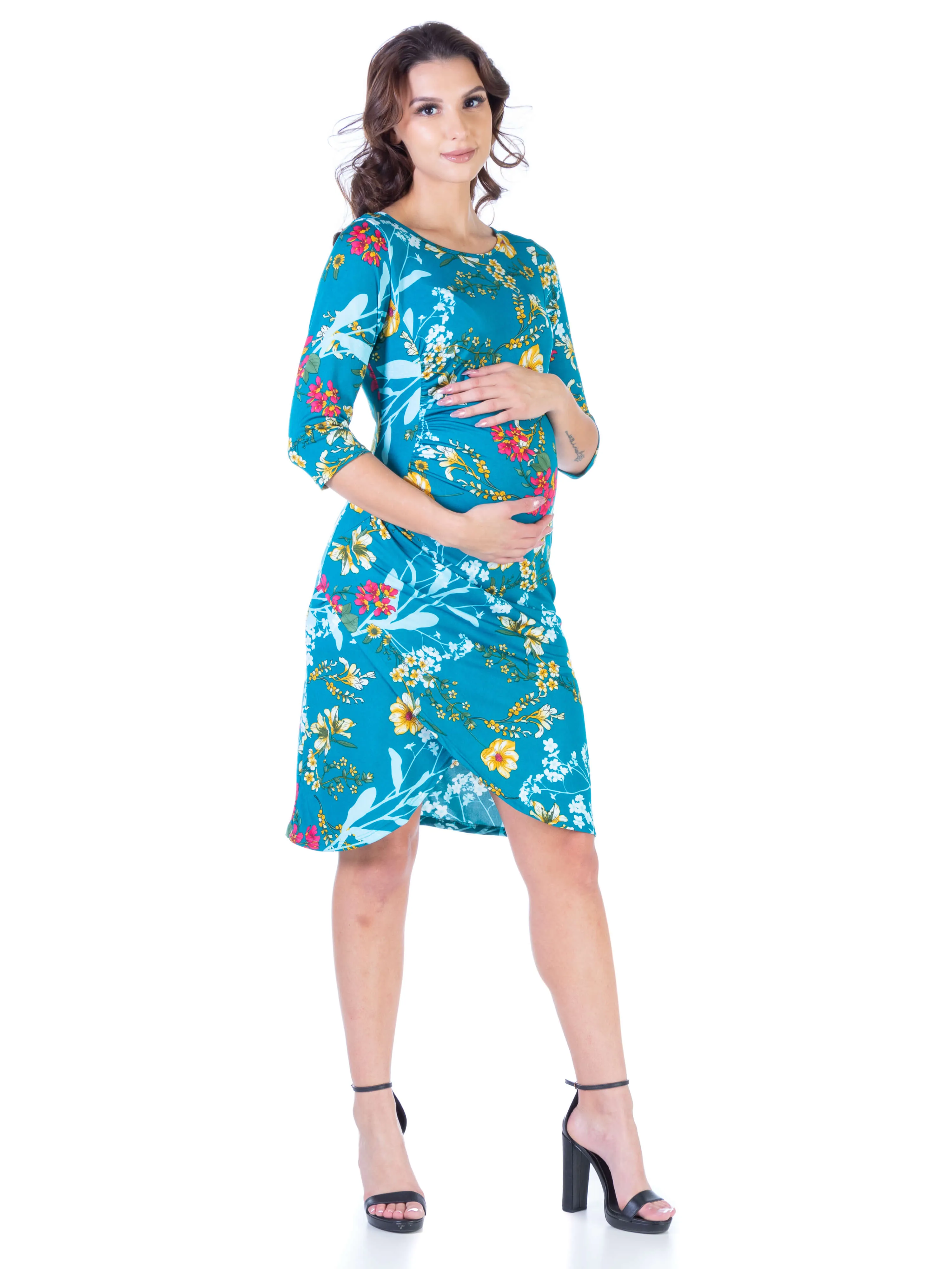 Floral Maternity Elbow Sleeve Ruched Knee Length Dress