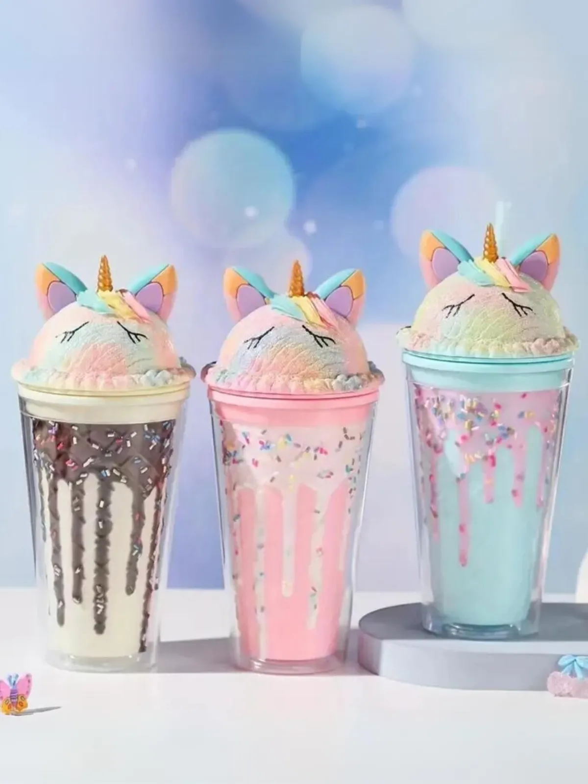 Girls Unicorn Ice Cream Tumbler with Straw - Double-Layer Cute Water Bottle for Kids