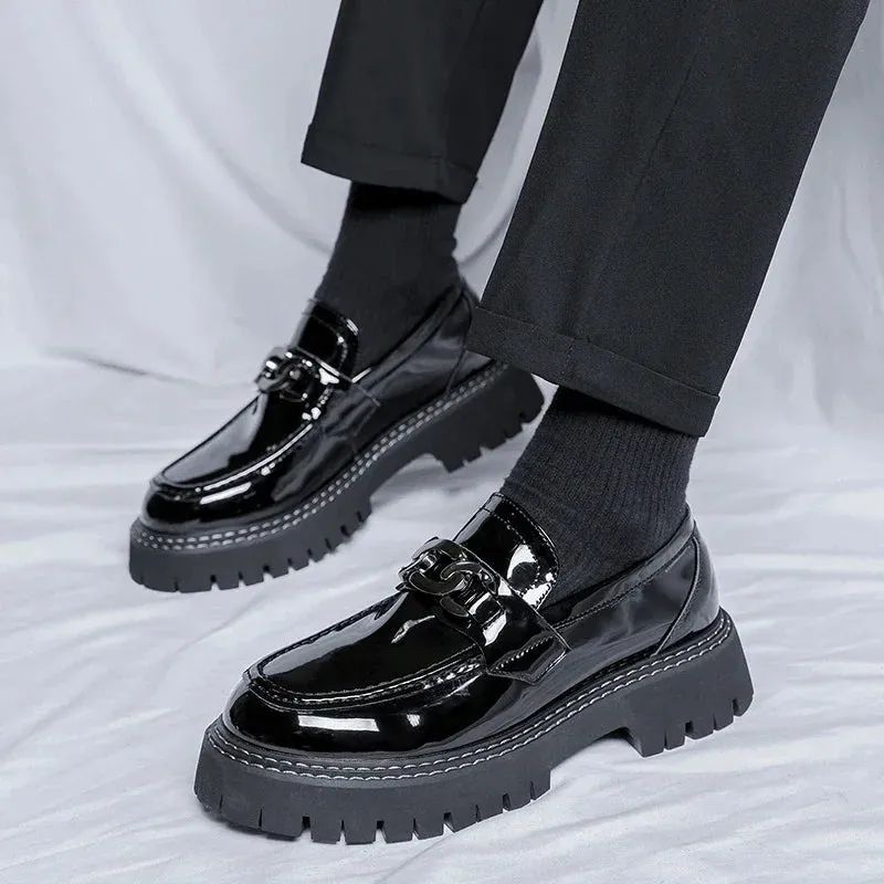 Hnzxzm Men Chain Casual Streetwear Fashion Vintage Thick Sole Patent Leather Slip - on Loafers Shoes Male   Commute Wedding Dress Shoes