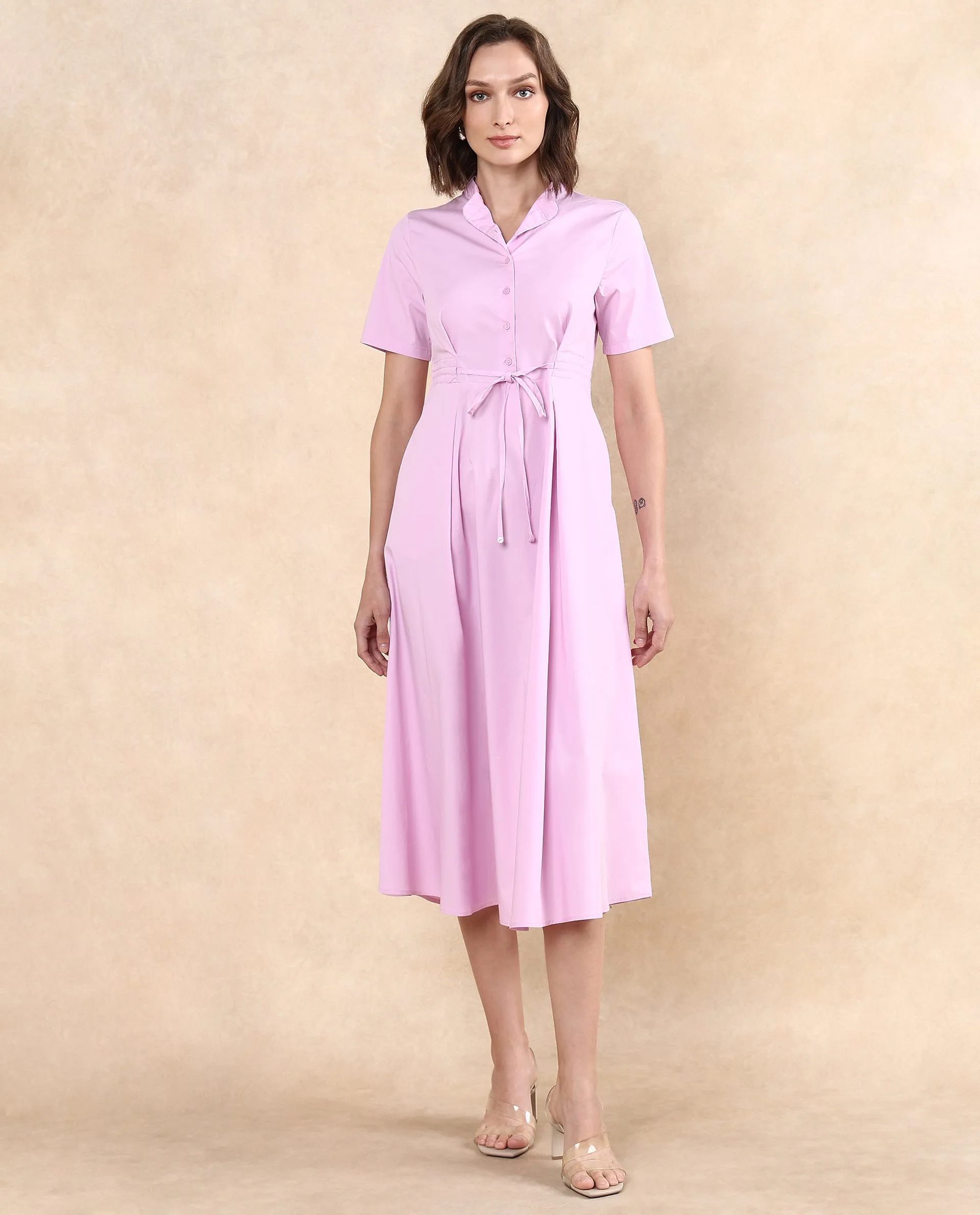 Rareism Women Sede Pink Cotton Blend Fabric Short Sleeve Mandarin Collar Button Closure Flared Fit Midi Plain Dress