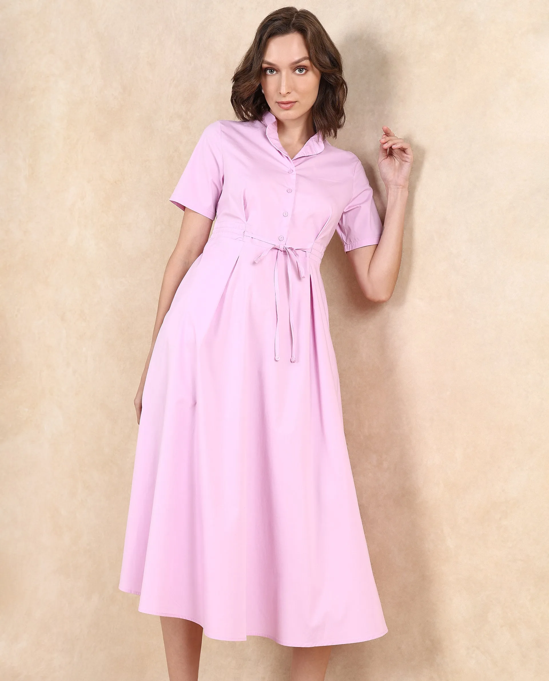 Rareism Women Sede Pink Cotton Blend Fabric Short Sleeve Mandarin Collar Button Closure Flared Fit Midi Plain Dress