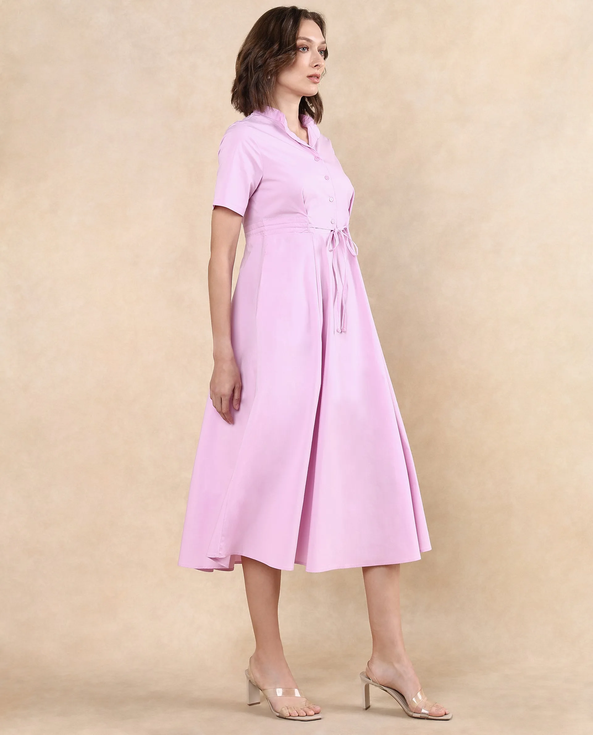 Rareism Women Sede Pink Cotton Blend Fabric Short Sleeve Mandarin Collar Button Closure Flared Fit Midi Plain Dress