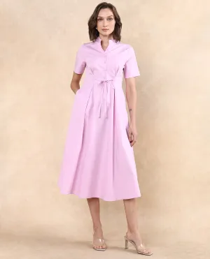 Rareism Women Sede Pink Cotton Blend Fabric Short Sleeve Mandarin Collar Button Closure Flared Fit Midi Plain Dress