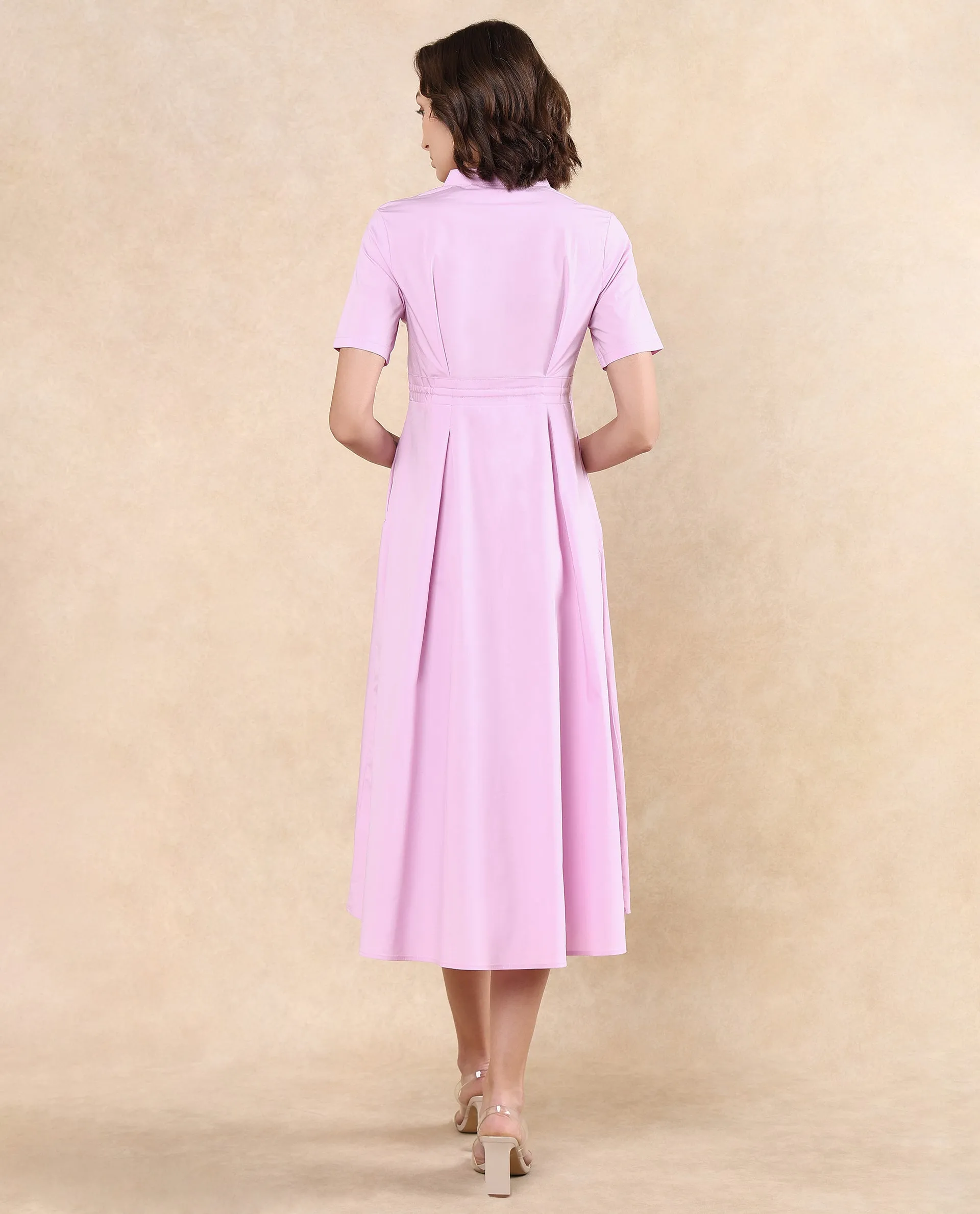 Rareism Women Sede Pink Cotton Blend Fabric Short Sleeve Mandarin Collar Button Closure Flared Fit Midi Plain Dress