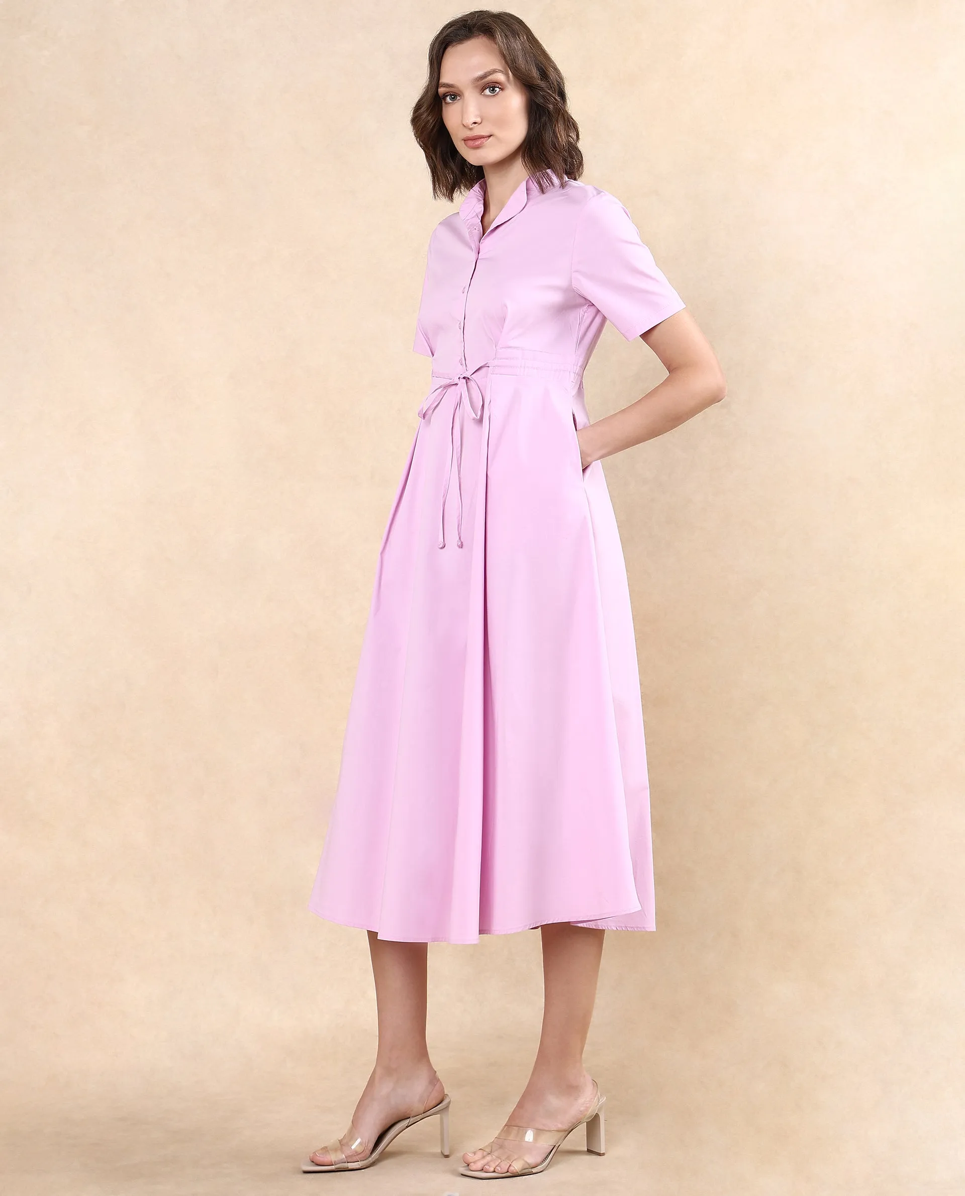 Rareism Women Sede Pink Cotton Blend Fabric Short Sleeve Mandarin Collar Button Closure Flared Fit Midi Plain Dress