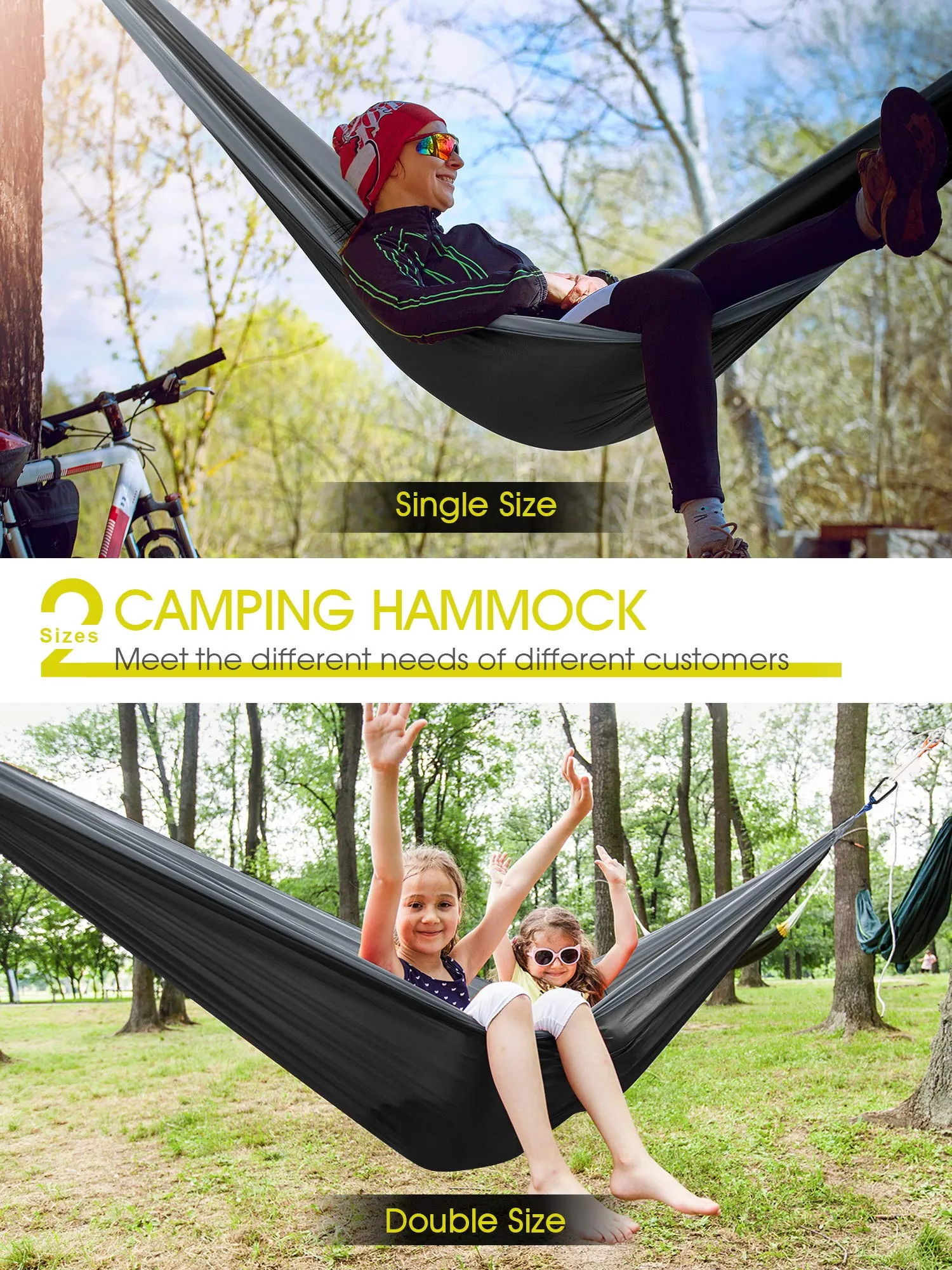 Supvox® Hammock for Camping Outdoor Activities with 2 Fixing Straps, Hammock Swing for Adults Kids, Portable Ultralight Nylon Hammock for Travel Beach Trekking, Maximum 200kg Load (275 x 140cm, Black)