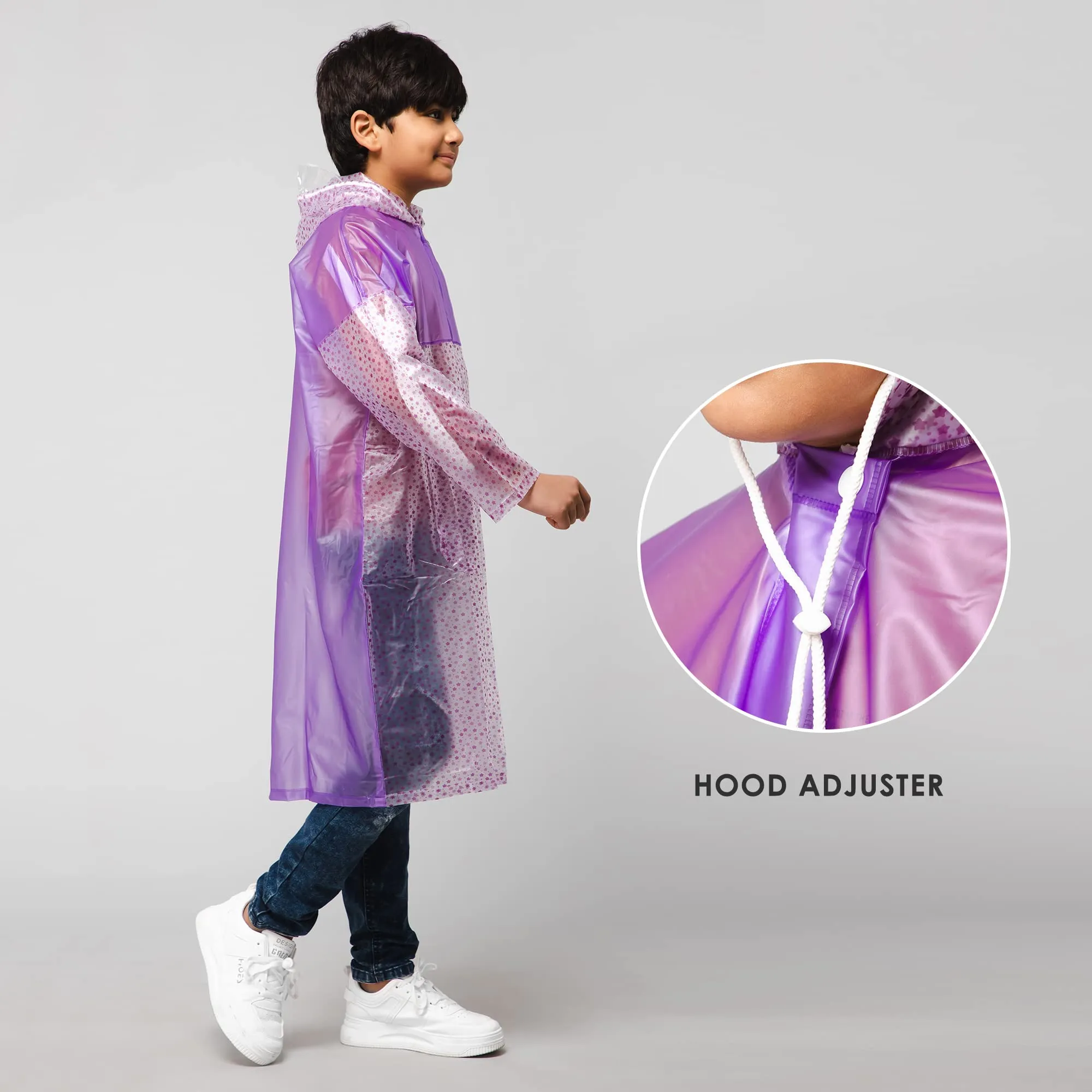 THE CLOWNFISH Misty Magic Series Unisex Kids Waterproof Single Layer PVC Longcoat/Raincoat with Adjustable Hood. Age-6-7 Years (Purple)