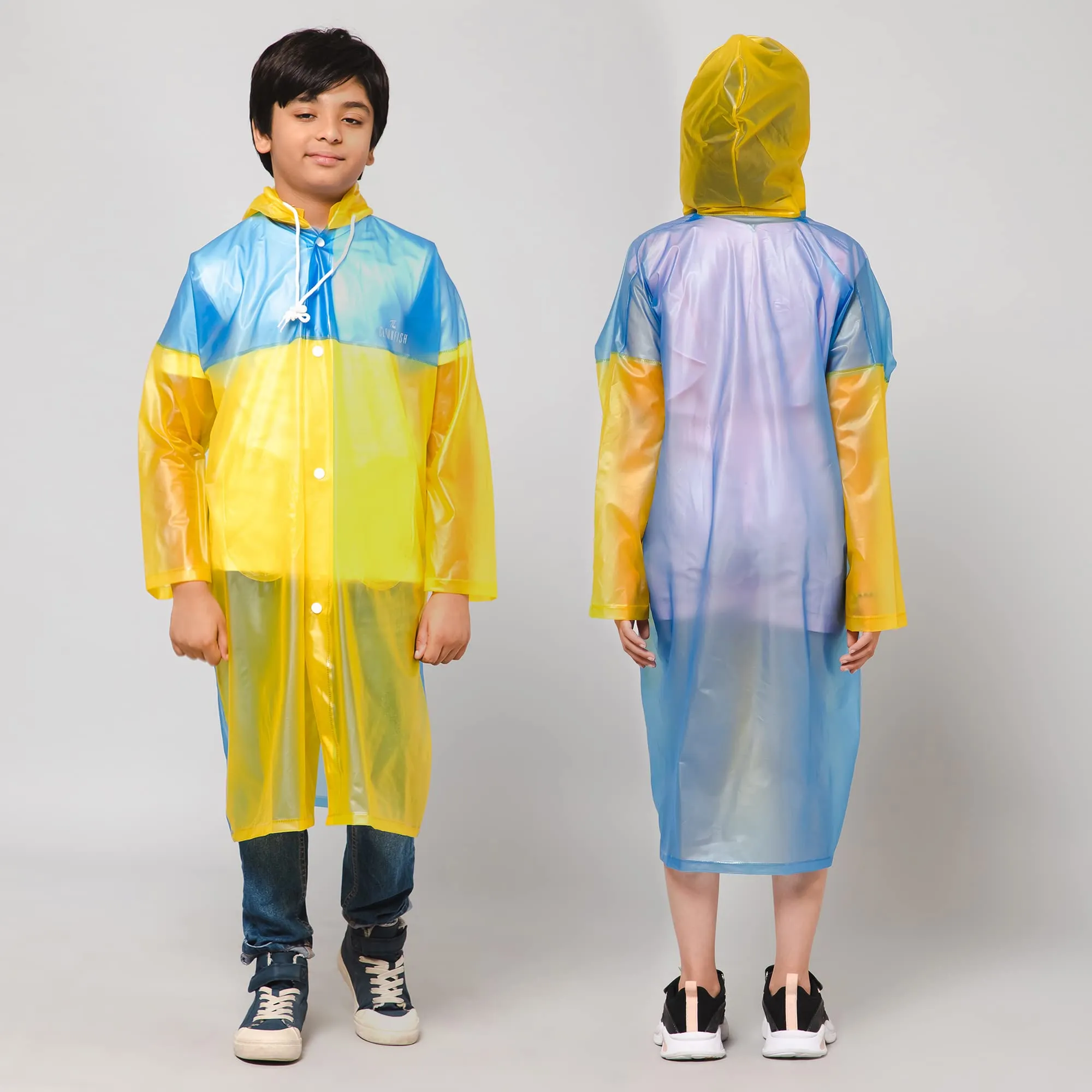 THE CLOWNFISH Puddle Jumper Series Unisex Kids Waterproof Single Layer PVC Longcoat/Raincoat with Adjustable Hood. Age-6-7 Years (Fluoroscent Blue)