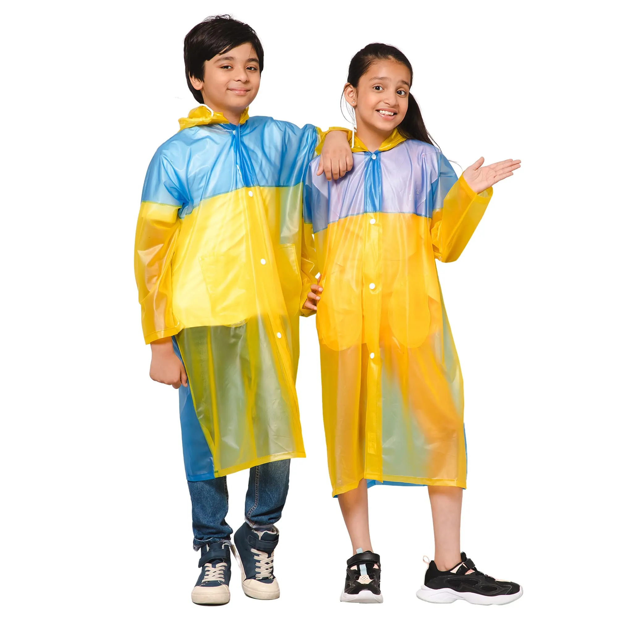 THE CLOWNFISH Puddle Jumper Series Unisex Kids Waterproof Single Layer PVC Longcoat/Raincoat with Adjustable Hood. Age-6-7 Years (Fluoroscent Blue)