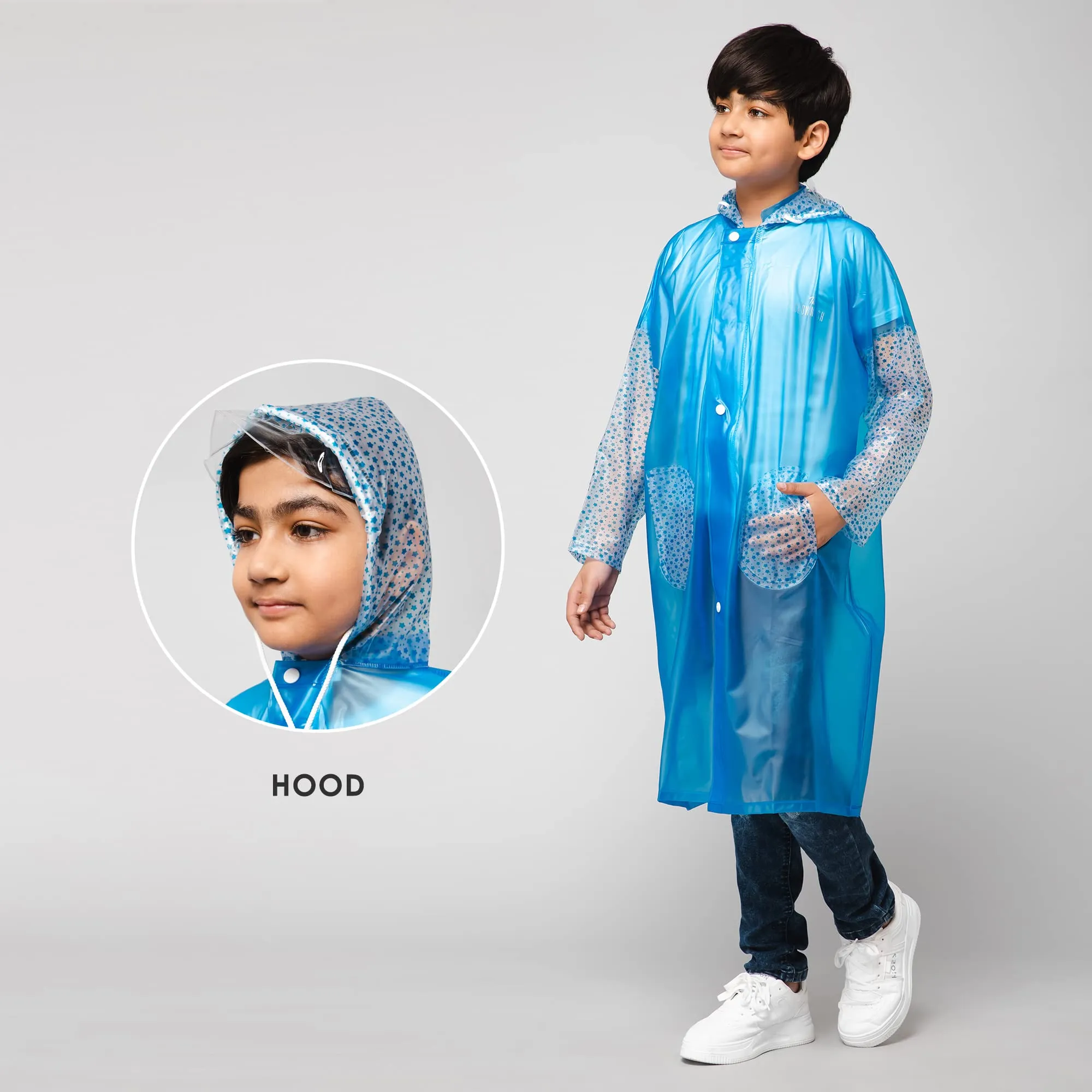 THE CLOWNFISH Storm Shield Series Unisex Kids Waterproof Single Layer PVC Longcoat/Raincoat with Adjustable Hood. Age-11-12 Years (Dark Blue)