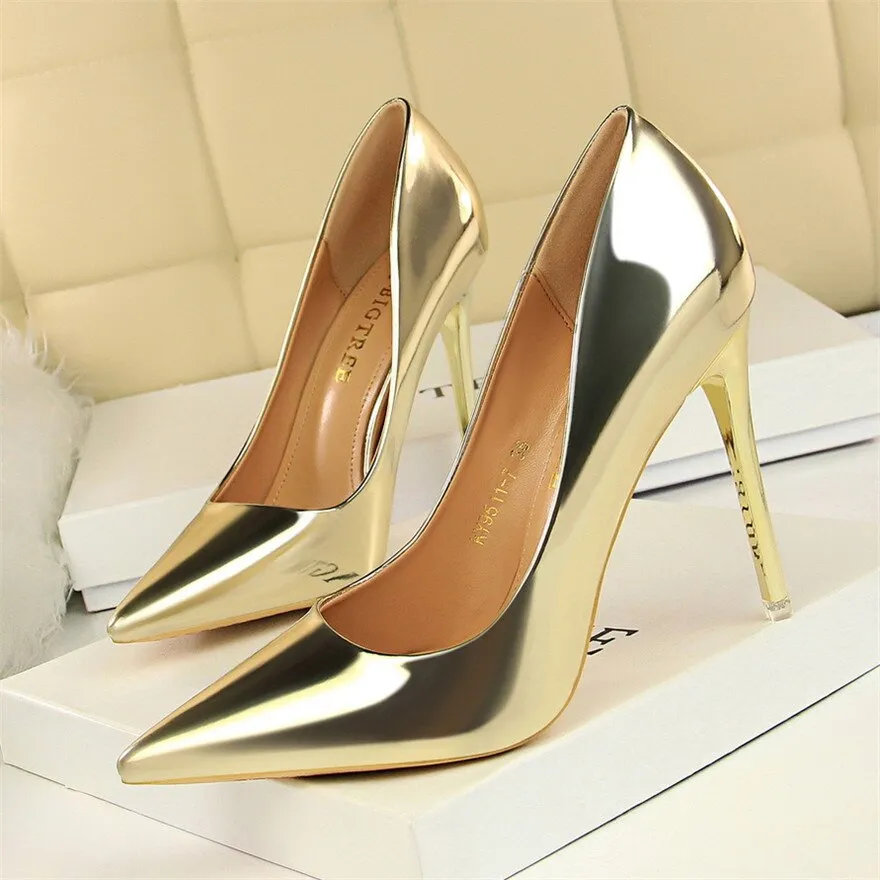 Wjczt Plus Size 34-43 Patent Leather Women Office Shoes Shallow Fashion Women Pumps Pointed Toe Sexy High Heel Dress Party Shoes Woman