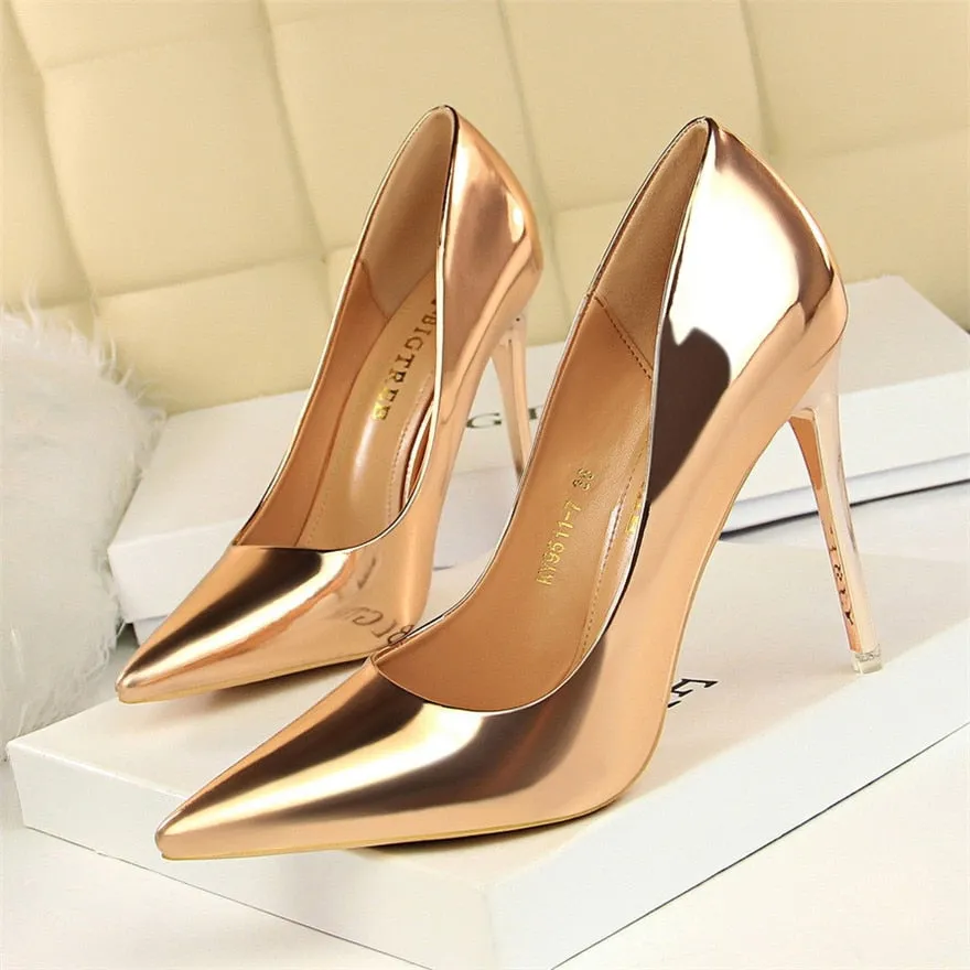 Wjczt Plus Size 34-43 Patent Leather Women Office Shoes Shallow Fashion Women Pumps Pointed Toe Sexy High Heel Dress Party Shoes Woman