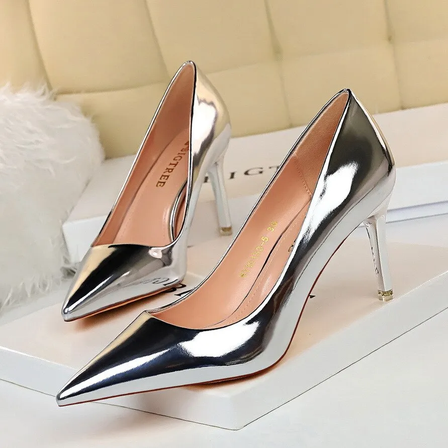 Wjczt Plus Size 34-43 Patent Leather Women Office Shoes Shallow Fashion Women Pumps Pointed Toe Sexy High Heel Dress Party Shoes Woman