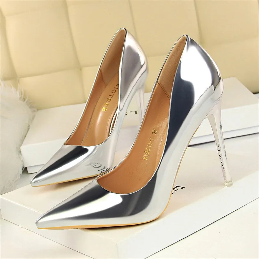 Wjczt Plus Size 34-43 Patent Leather Women Office Shoes Shallow Fashion Women Pumps Pointed Toe Sexy High Heel Dress Party Shoes Woman