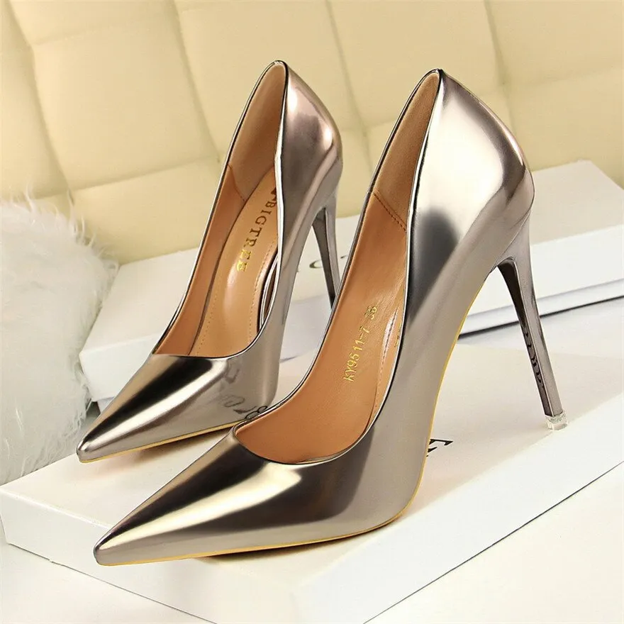 Wjczt Plus Size 34-43 Patent Leather Women Office Shoes Shallow Fashion Women Pumps Pointed Toe Sexy High Heel Dress Party Shoes Woman