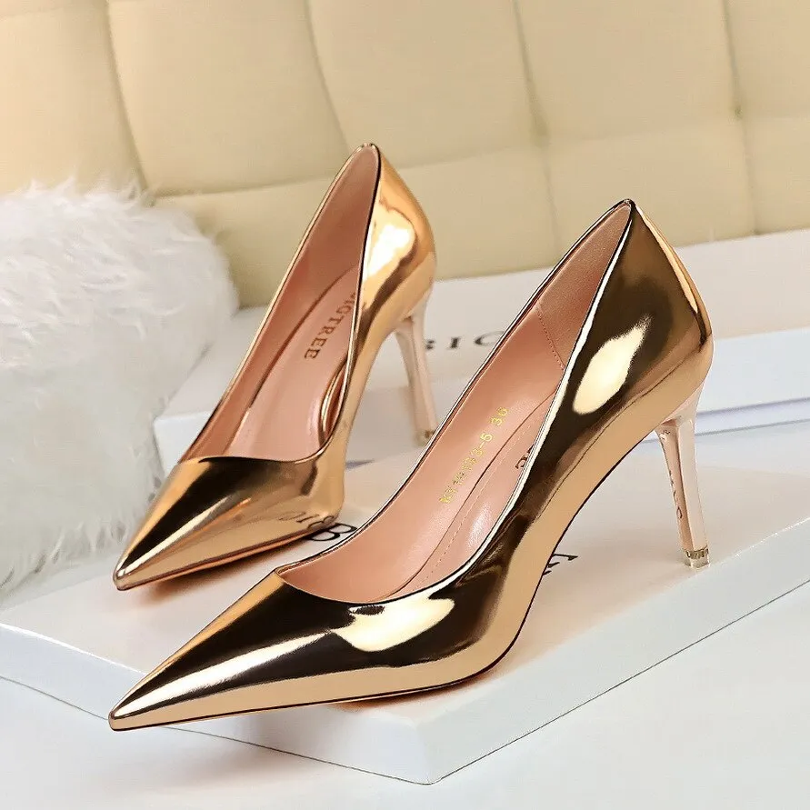 Wjczt Plus Size 34-43 Patent Leather Women Office Shoes Shallow Fashion Women Pumps Pointed Toe Sexy High Heel Dress Party Shoes Woman