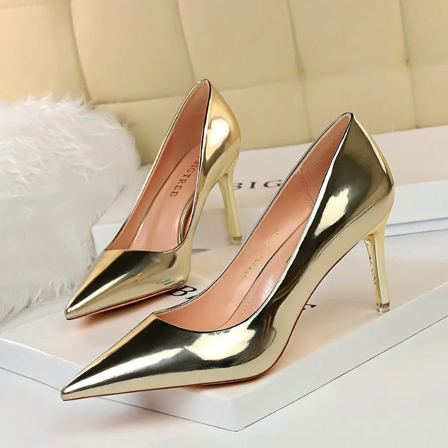 Wjczt Plus Size 34-43 Patent Leather Women Office Shoes Shallow Fashion Women Pumps Pointed Toe Sexy High Heel Dress Party Shoes Woman