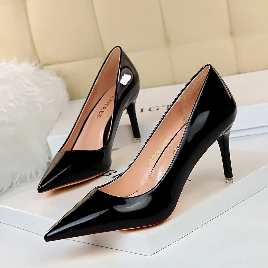 Wjczt Plus Size 34-43 Patent Leather Women Office Shoes Shallow Fashion Women Pumps Pointed Toe Sexy High Heel Dress Party Shoes Woman