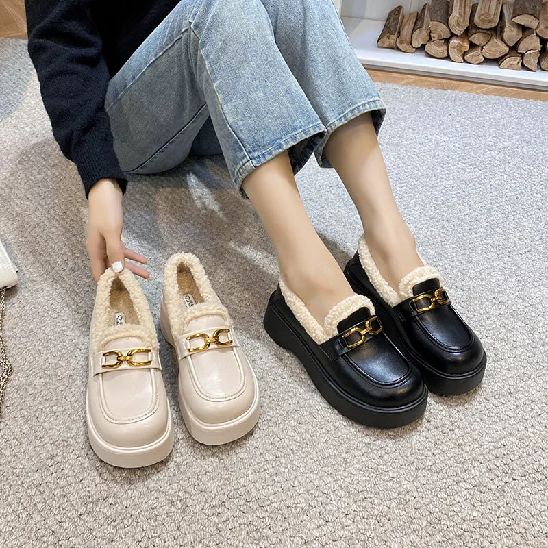 Women Minimalist Furred Thick Soled Winter Loafers