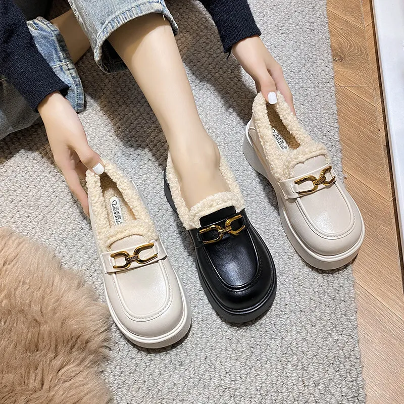 Women Minimalist Furred Thick Soled Winter Loafers