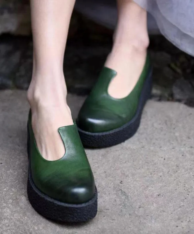 Women Splicing Platform Heels Blackish Green Cowhide Leather