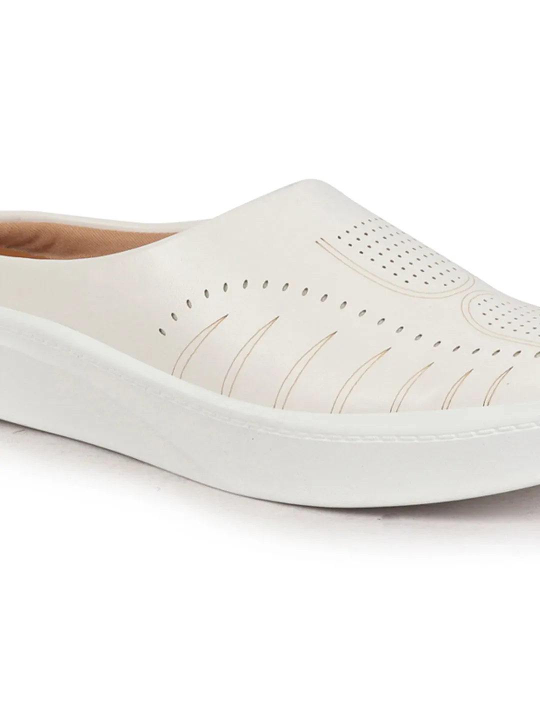 Women White Perforated Laser Cut Classic Back Open Slip On Mules Shoes|Work|Casual|Loafer Shoes|Comfort