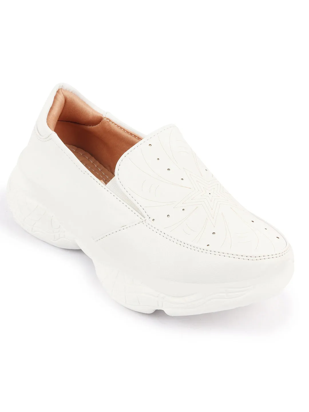 Women White Printed Design Stitched Comfort Slip On Sneaker Shoes