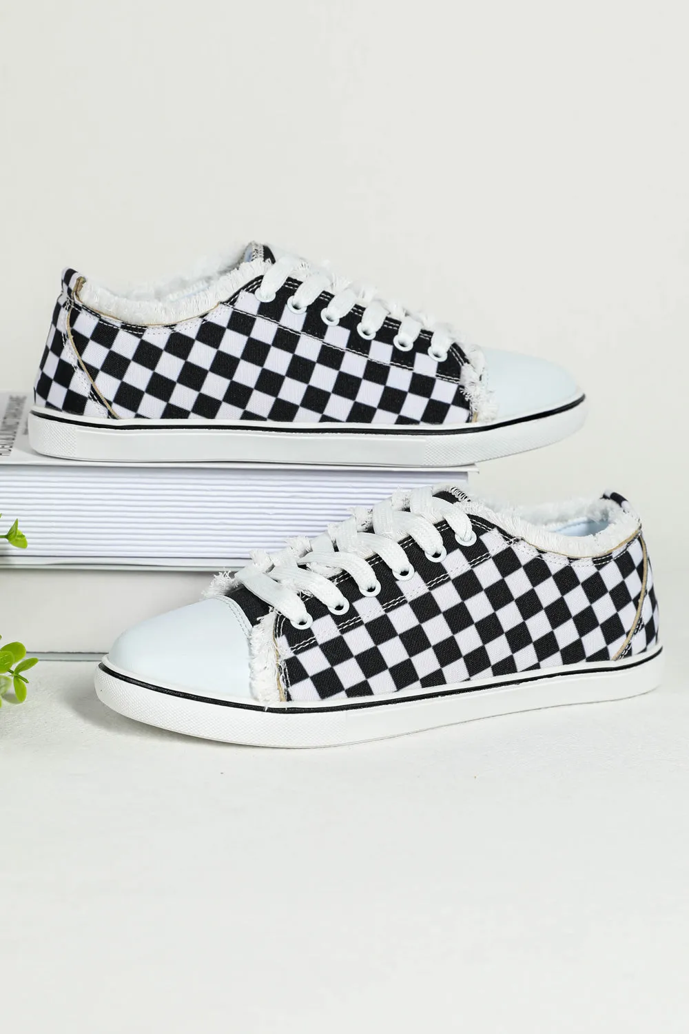 Women's Black White Checkerboard Graphic Lace up Canvas Slip on Shoes