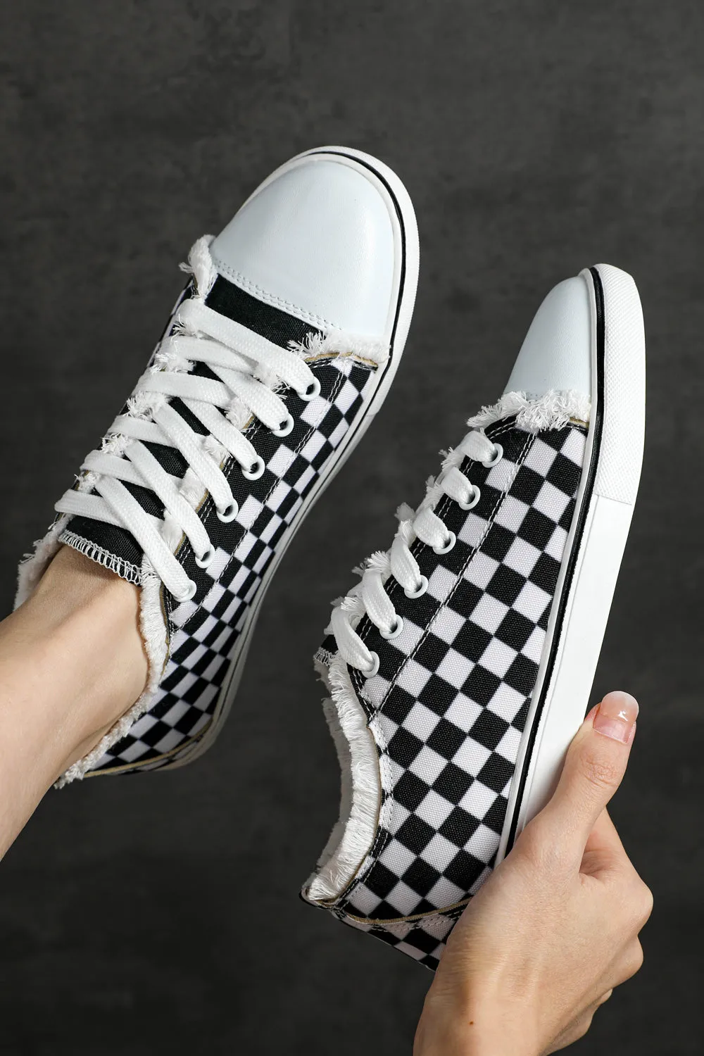 Women's Black White Checkerboard Graphic Lace up Canvas Slip on Shoes