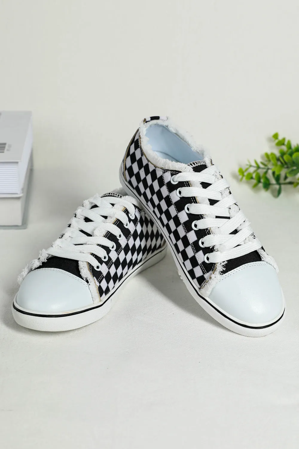 Women's Black White Checkerboard Graphic Lace up Canvas Slip on Shoes