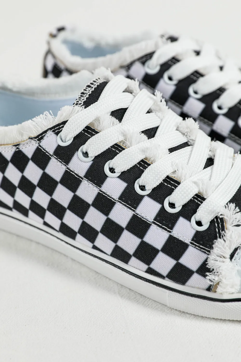 Women's Black White Checkerboard Graphic Lace up Canvas Slip on Shoes