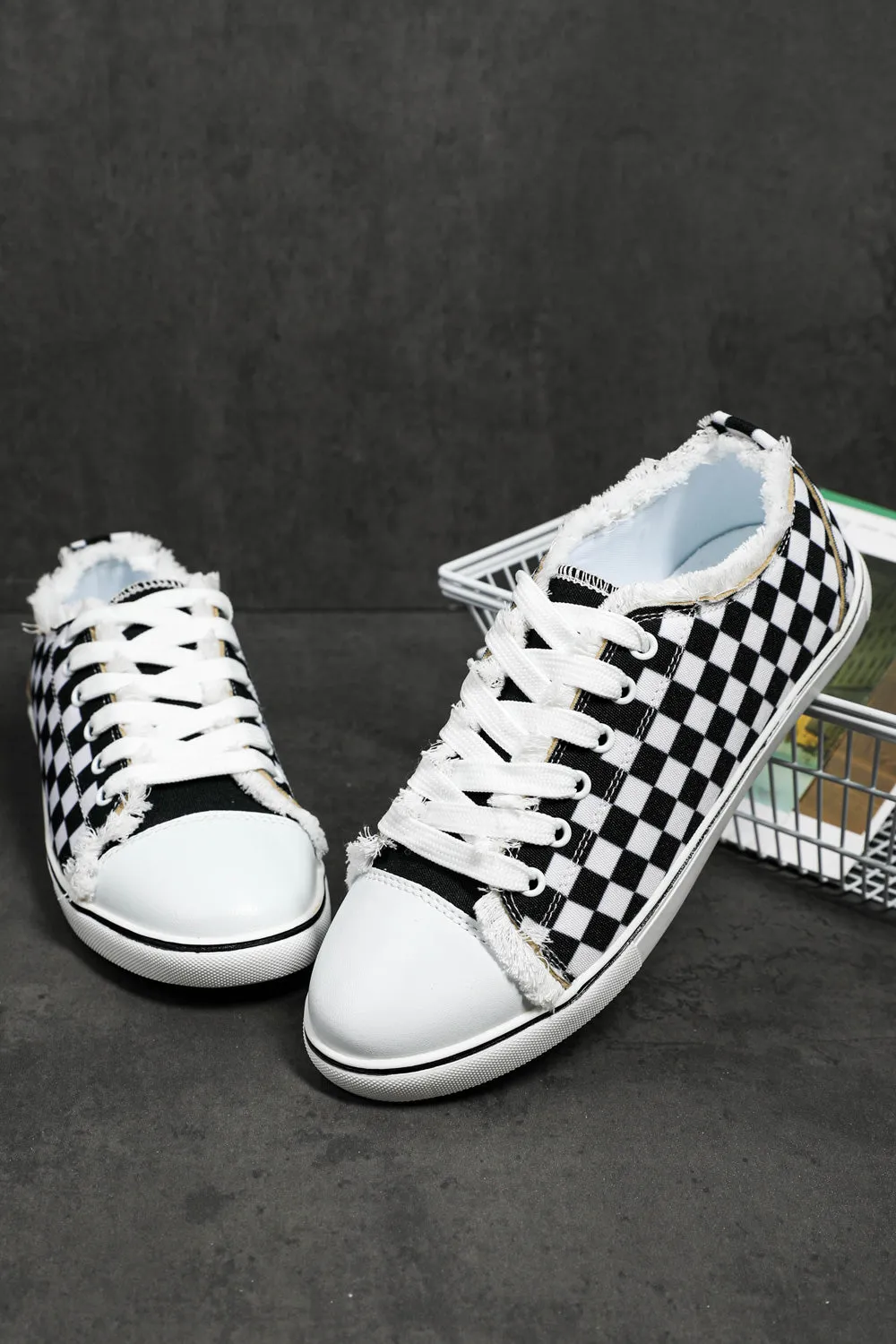 Women's Black White Checkerboard Graphic Lace up Canvas Slip on Shoes