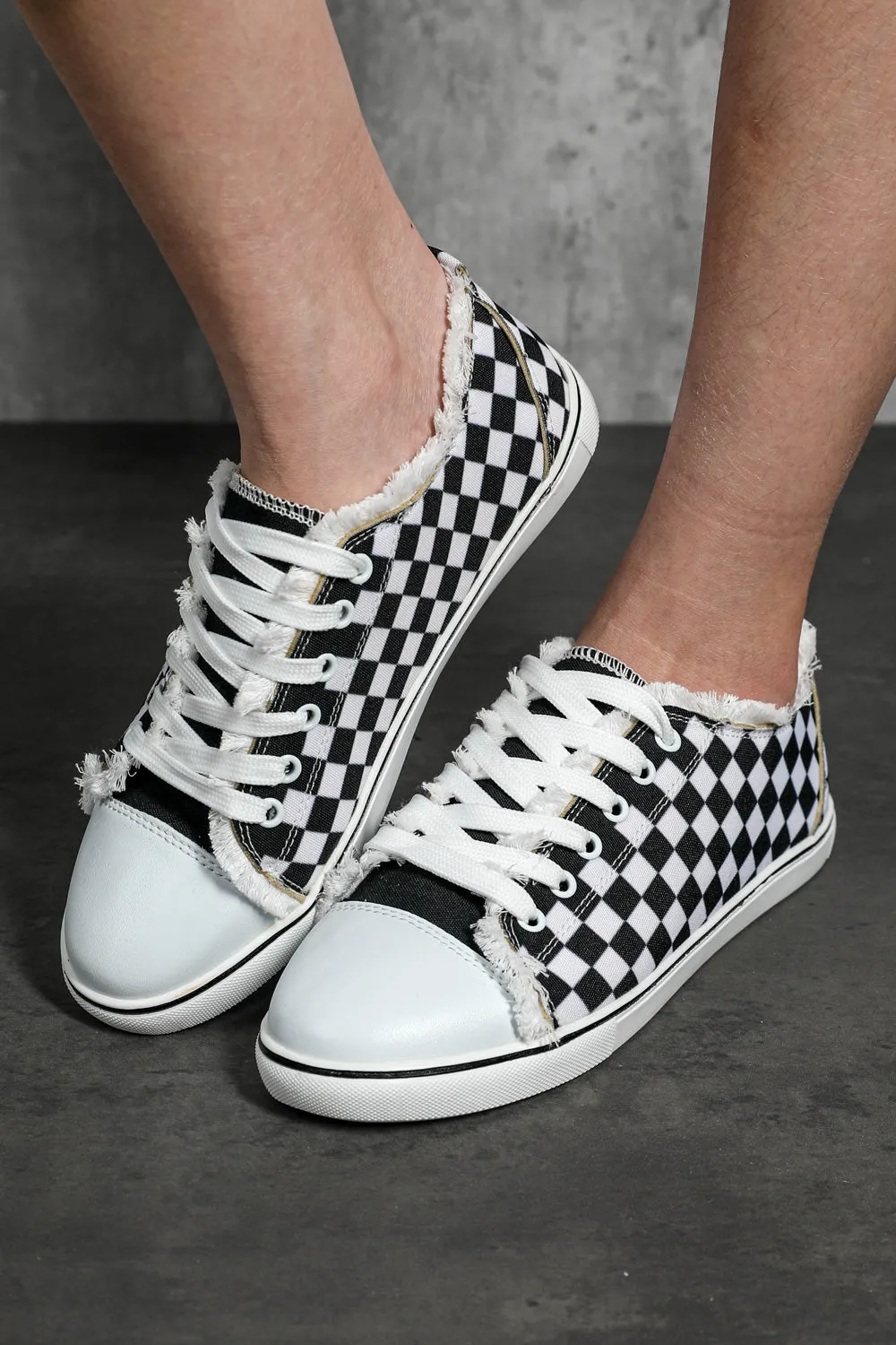 Women's Black White Checkerboard Graphic Lace up Canvas Slip on Shoes