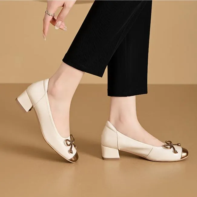 Women's Goat Leather Dress Shoes Ballerina Low Block Heels